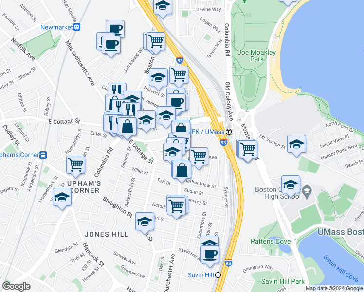 map of restaurants, bars, coffee shops, grocery stores, and more near 923 Dorchester Avenue in Boston