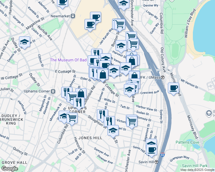 map of restaurants, bars, coffee shops, grocery stores, and more near 8 Sumner Street in Boston