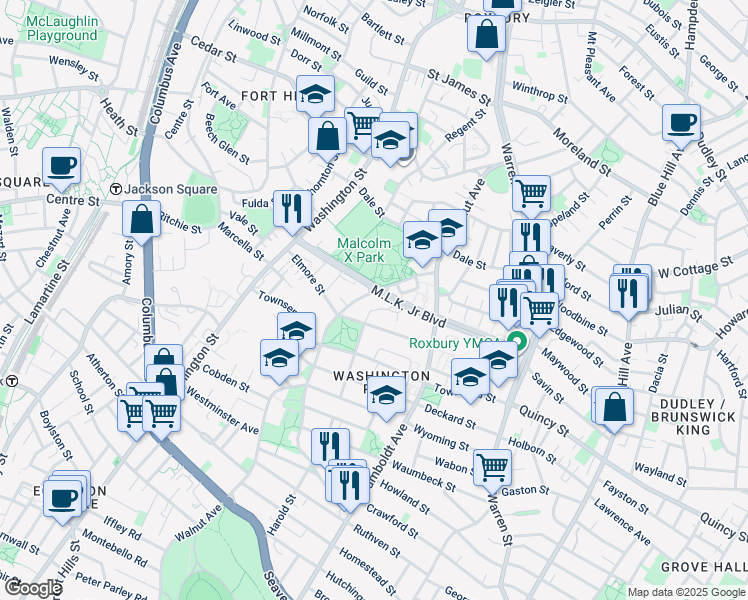map of restaurants, bars, coffee shops, grocery stores, and more near 21 Harold Street in Boston