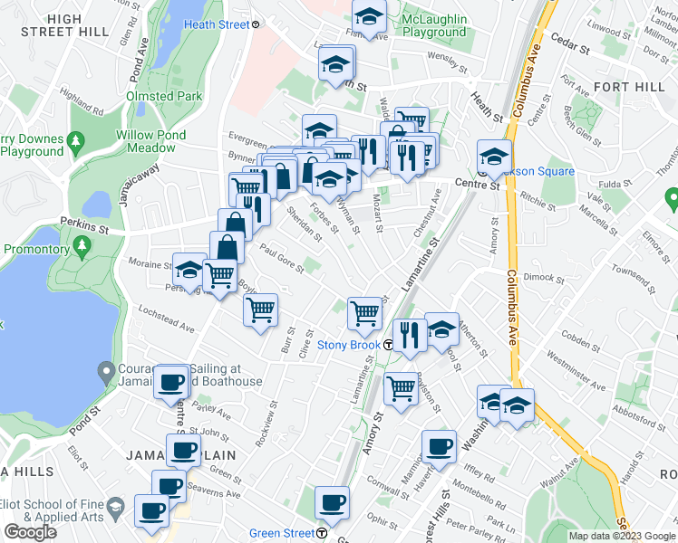 map of restaurants, bars, coffee shops, grocery stores, and more near 106 Sheridan Street in Boston