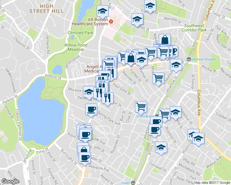 map of restaurants, bars, coffee shops, grocery stores, and more near 15 Oakview Terrace in Boston