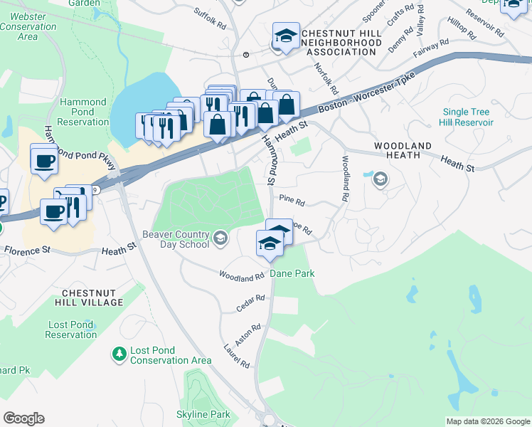map of restaurants, bars, coffee shops, grocery stores, and more near 727 Hammond Street in Brookline