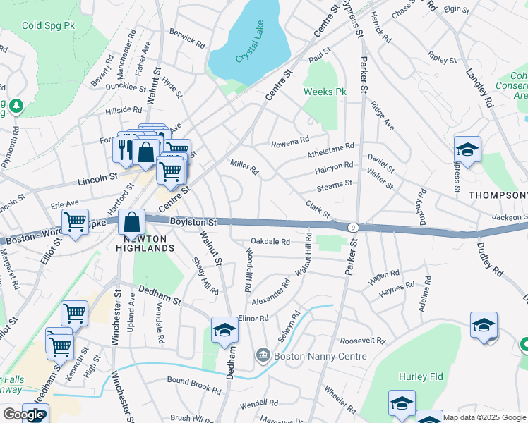 map of restaurants, bars, coffee shops, grocery stores, and more near 81 Cloverdale Road in Newton