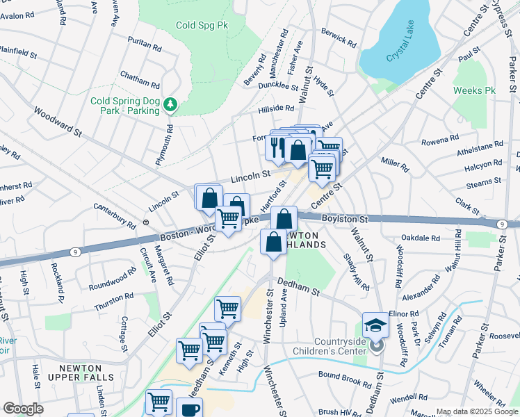 map of restaurants, bars, coffee shops, grocery stores, and more near 77 Hartford Street in Newton