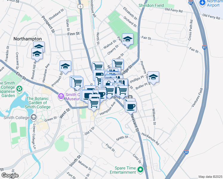 map of restaurants, bars, coffee shops, grocery stores, and more near 19 Strong Avenue in Northampton