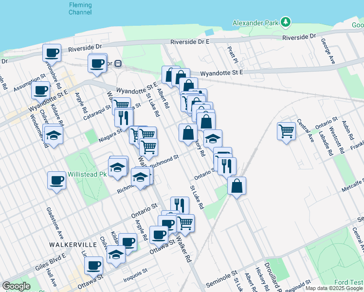 map of restaurants, bars, coffee shops, grocery stores, and more near in Windsor