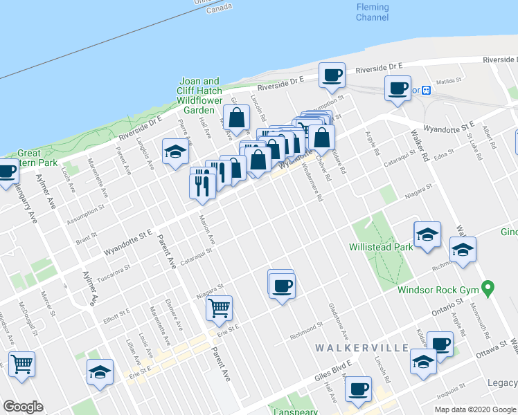 map of restaurants, bars, coffee shops, grocery stores, and more near in Windsor