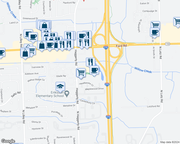 map of restaurants, bars, coffee shops, grocery stores, and more near 2050 North Haggerty Road in Canton