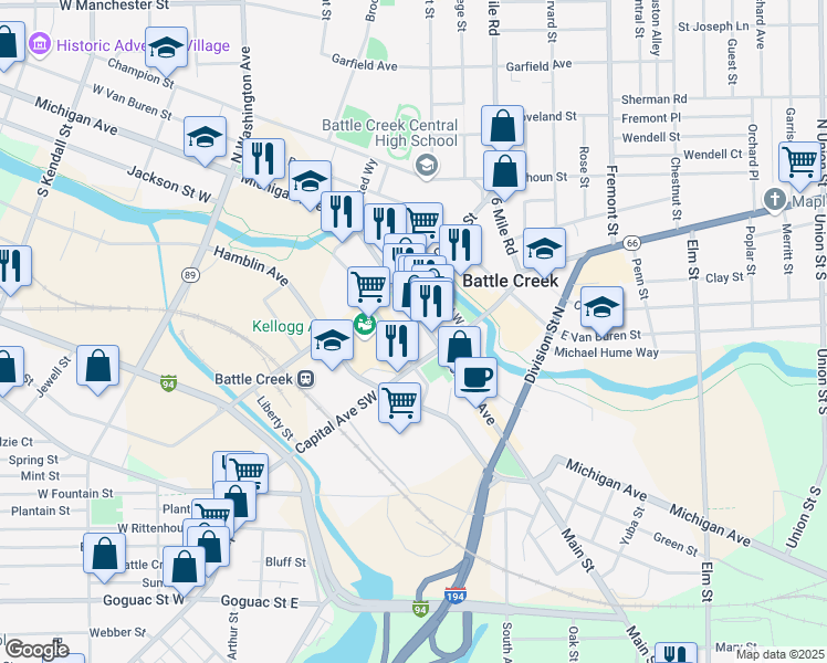 map of restaurants, bars, coffee shops, grocery stores, and more near 17 Michigan Avenue in Battle Creek