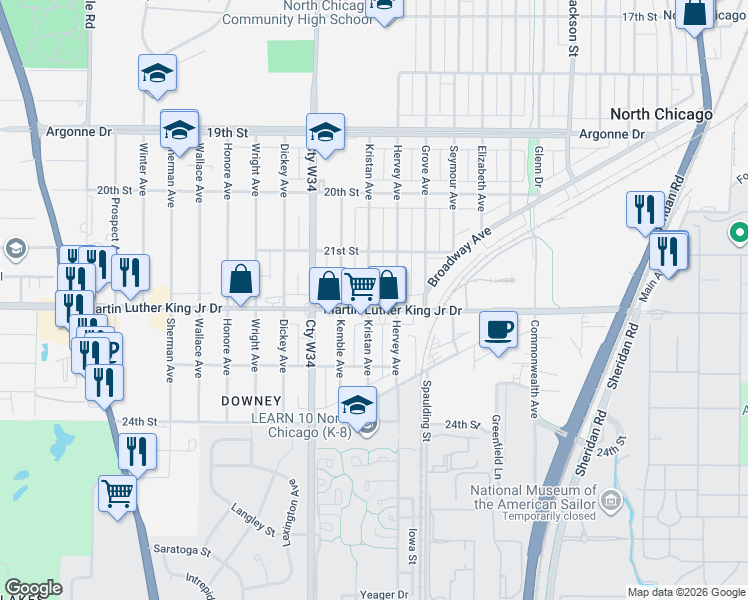 map of restaurants, bars, coffee shops, grocery stores, and more near 1718 Martin Luther King Junior Drive in North Chicago