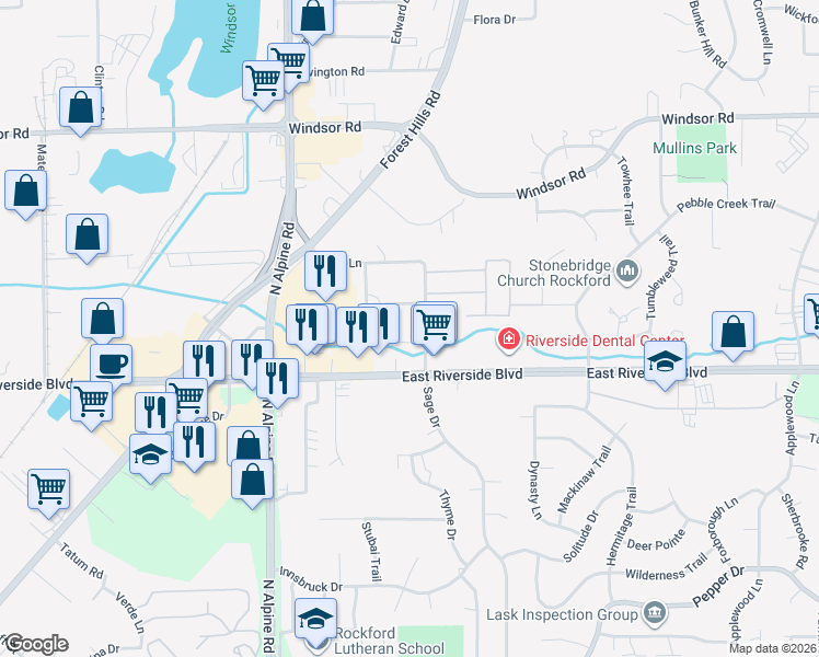 map of restaurants, bars, coffee shops, grocery stores, and more near 4112 Renn Hart Hills in Loves Park