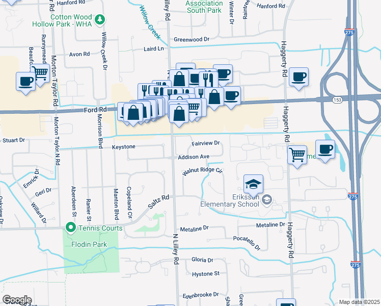 map of restaurants, bars, coffee shops, grocery stores, and more near 42295 Fairview Drive in Canton