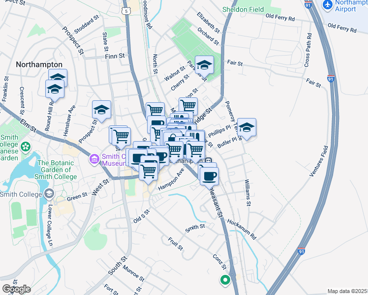 map of restaurants, bars, coffee shops, grocery stores, and more near 19 Strong Avenue in Northampton