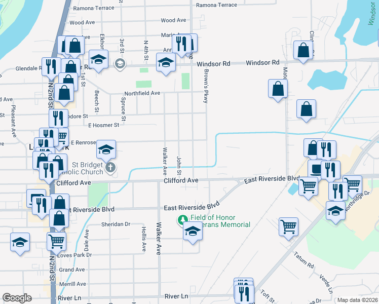 map of restaurants, bars, coffee shops, grocery stores, and more near 6136 Elm Avenue in Loves Park