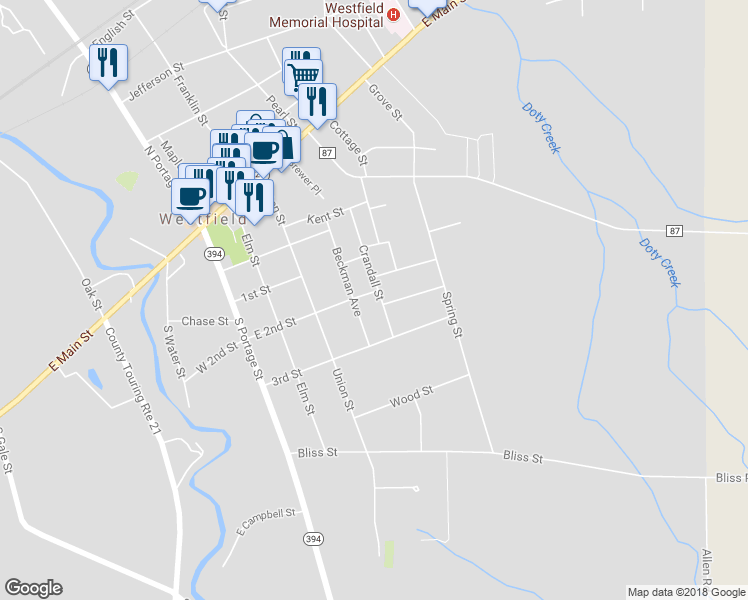 map of restaurants, bars, coffee shops, grocery stores, and more near 40 Crandall Street in Westfield