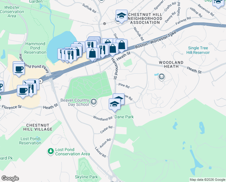 map of restaurants, bars, coffee shops, grocery stores, and more near 719 Hammond Street in Brookline