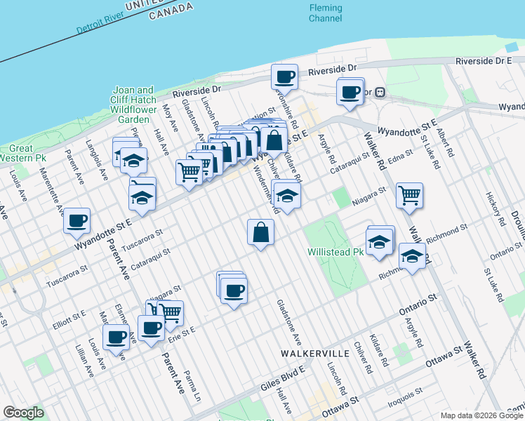 map of restaurants, bars, coffee shops, grocery stores, and more near 812 Lincoln Road in Windsor