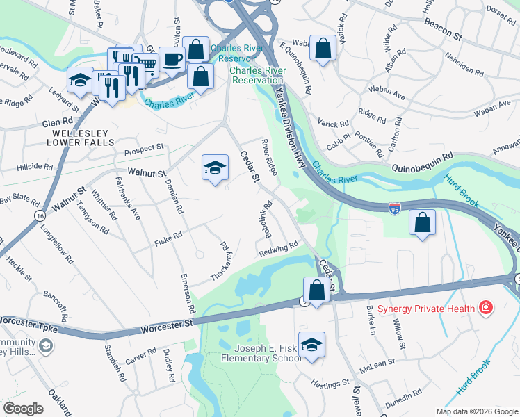 map of restaurants, bars, coffee shops, grocery stores, and more near 11 Bobolink Road in Wellesley