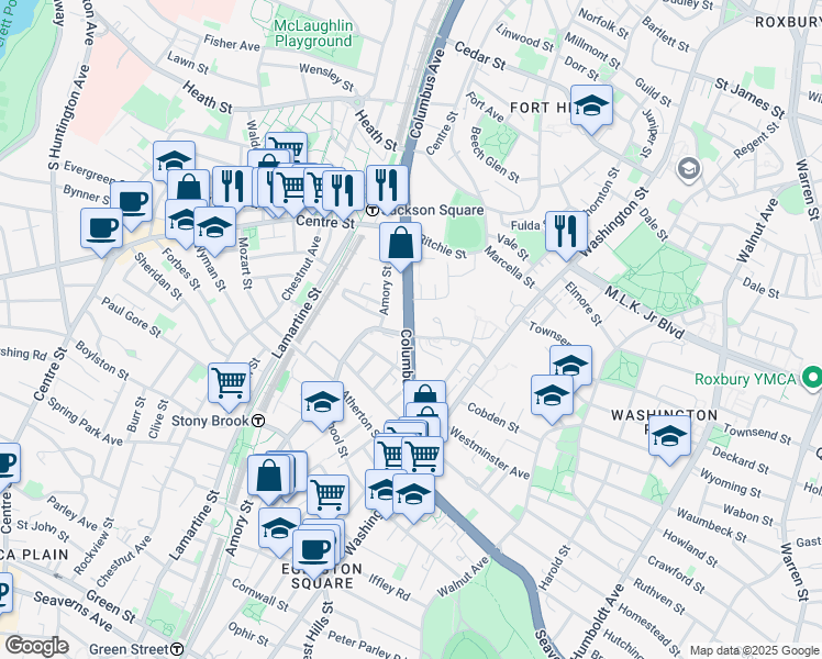 map of restaurants, bars, coffee shops, grocery stores, and more near 1830 Columbus Avenue in Boston