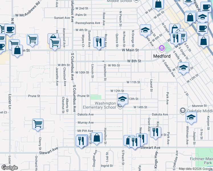 map of restaurants, bars, coffee shops, grocery stores, and more near 1051 West 11th Street in Medford