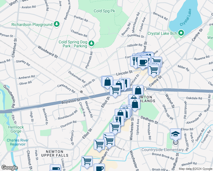 map of restaurants, bars, coffee shops, grocery stores, and more near 100 Erie Avenue in Newton