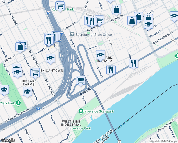 map of restaurants, bars, coffee shops, grocery stores, and more near 2810 West Fort Street in Detroit