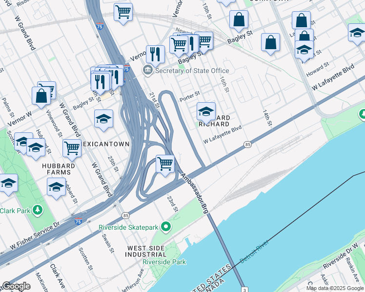 map of restaurants, bars, coffee shops, grocery stores, and more near 2810 West Fort Street in Detroit
