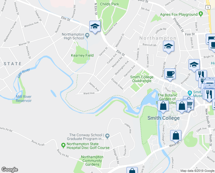 map of restaurants, bars, coffee shops, grocery stores, and more near 88 Washington Avenue in Northampton