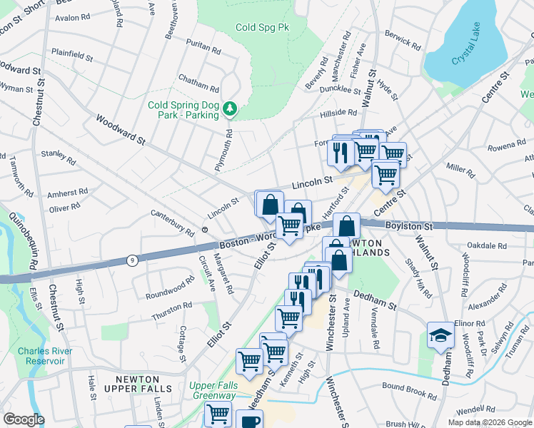 map of restaurants, bars, coffee shops, grocery stores, and more near 102 Erie Avenue in Newton