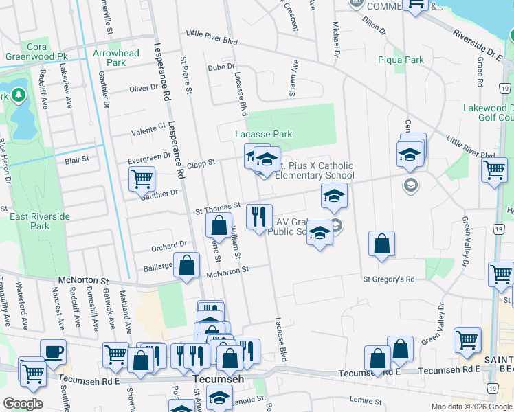 map of restaurants, bars, coffee shops, grocery stores, and more near 725 Lacasse Boulevard in Windsor