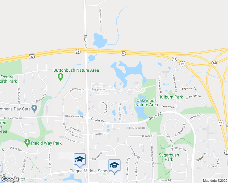 map of restaurants, bars, coffee shops, grocery stores, and more near 2890 Barclay Way in Ann Arbor