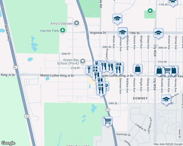 map of restaurants, bars, coffee shops, grocery stores, and more near 2132 Martin Luther King Junior Drive in North Chicago