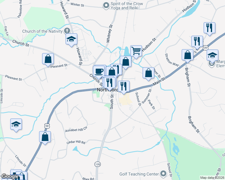 map of restaurants, bars, coffee shops, grocery stores, and more near in Northborough