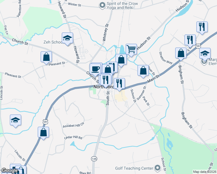 map of restaurants, bars, coffee shops, grocery stores, and more near in Northborough