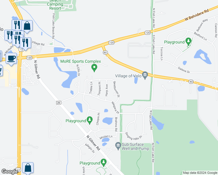 map of restaurants, bars, coffee shops, grocery stores, and more near 689 Harp Avenue in Round Lake