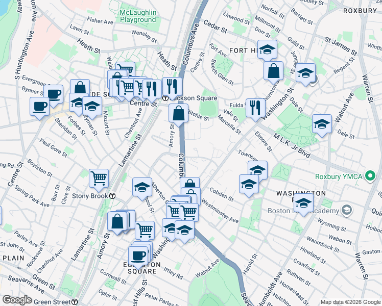 map of restaurants, bars, coffee shops, grocery stores, and more near 55 Dimock Street in Boston