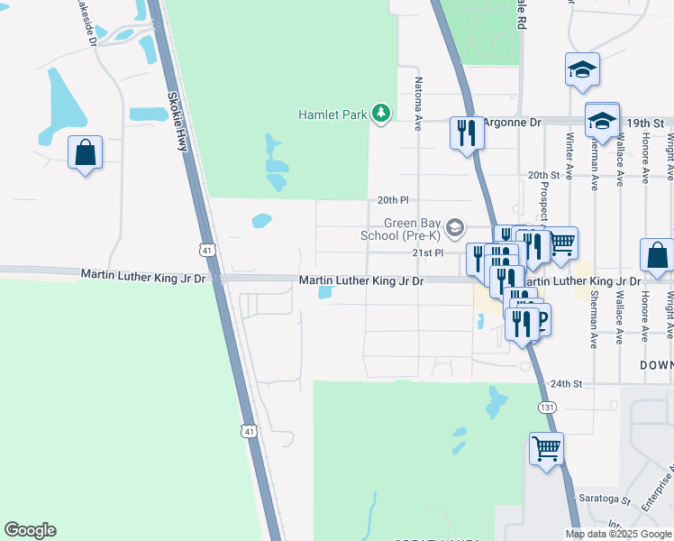 map of restaurants, bars, coffee shops, grocery stores, and more near 3129 Martin Luther King Junior Drive in North Chicago