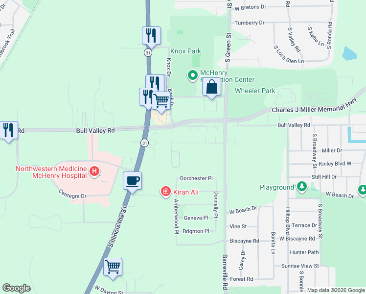 map of restaurants, bars, coffee shops, grocery stores, and more near 3801 West Ellen Road in McHenry