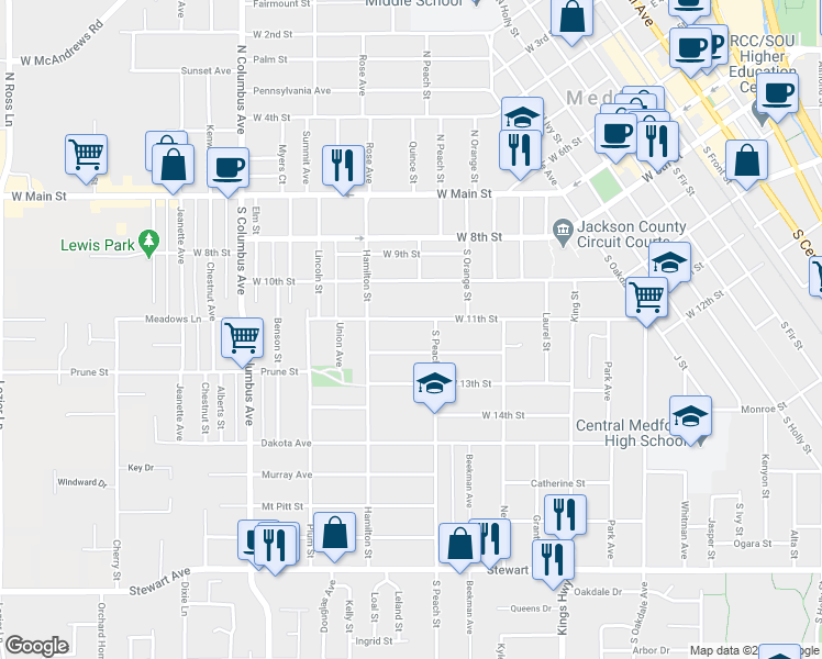 map of restaurants, bars, coffee shops, grocery stores, and more near 320 South Peach Street in Medford