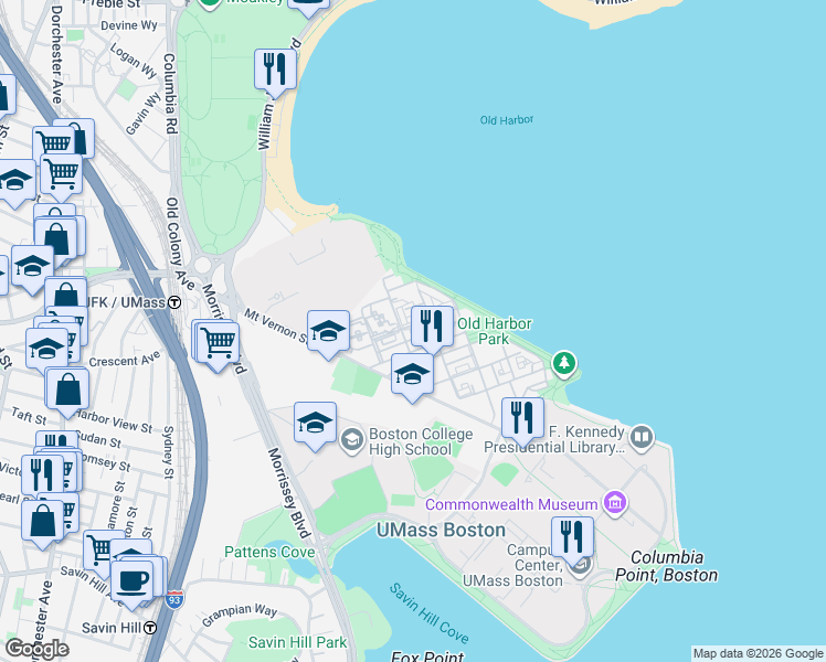 map of restaurants, bars, coffee shops, grocery stores, and more near 30 Harbor Point Boulevard in Boston
