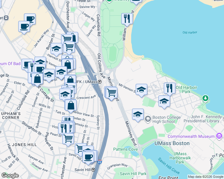 map of restaurants, bars, coffee shops, grocery stores, and more near 25 Morrissey Boulevard in Boston
