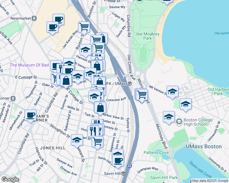 map of restaurants, bars, coffee shops, grocery stores, and more near 17 Moseley Street in Boston