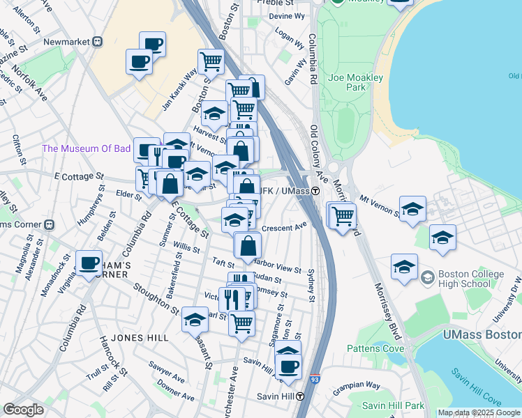 map of restaurants, bars, coffee shops, grocery stores, and more near 17 Moseley Street in Boston