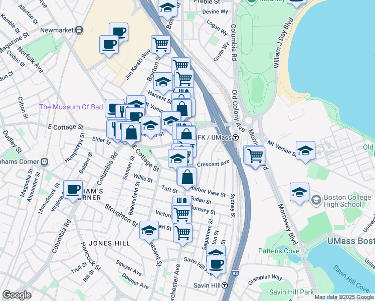 map of restaurants, bars, coffee shops, grocery stores, and more near 923 Dorchester Avenue in Boston