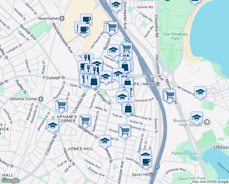 map of restaurants, bars, coffee shops, grocery stores, and more near 27 Edison Green in Boston