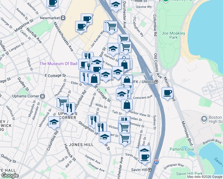 map of restaurants, bars, coffee shops, grocery stores, and more near 11 Pond Street in Boston