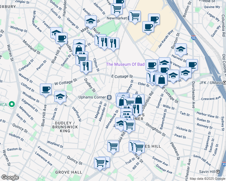 map of restaurants, bars, coffee shops, grocery stores, and more near 16-18 Humphreys Place in Boston