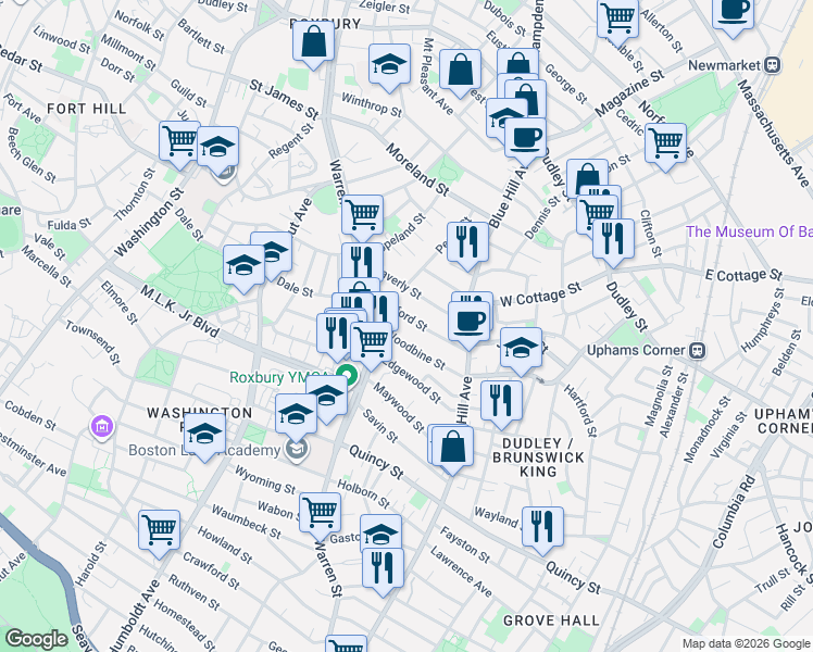 map of restaurants, bars, coffee shops, grocery stores, and more near 14 Woodbine Street in Boston