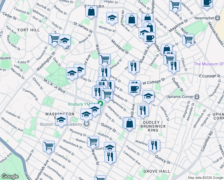 map of restaurants, bars, coffee shops, grocery stores, and more near 14 Woodbine Street in Boston
