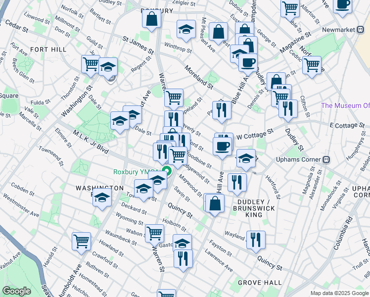 map of restaurants, bars, coffee shops, grocery stores, and more near 14 Woodbine Street in Boston